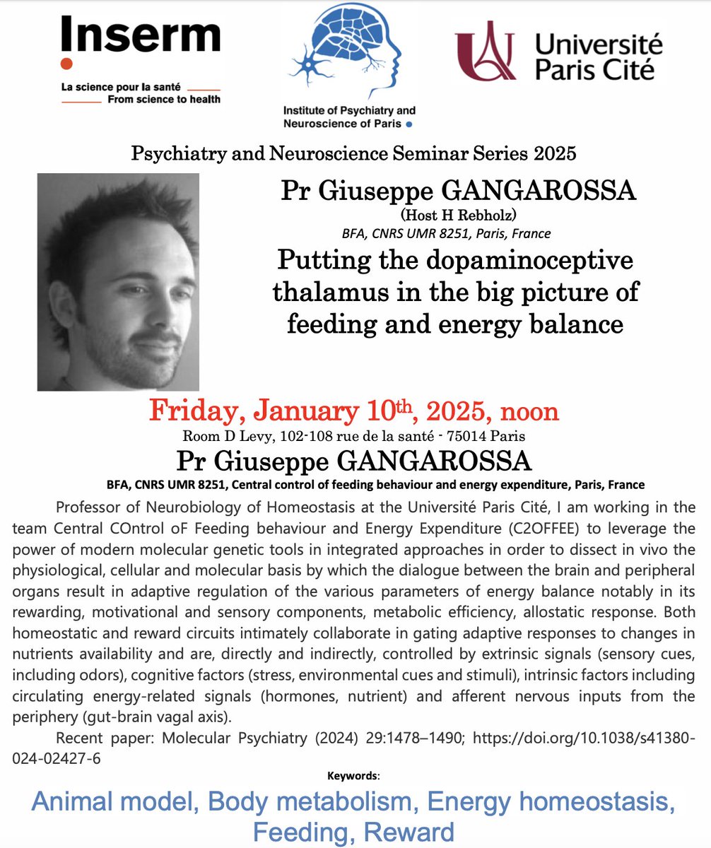 Inserm Paris 5 Ipnp (@insermu1266) on Twitter photo Join us for the IPNP seminar tomorrow 10th Jan at noon! Prof G Gangarossa, Université Paris Cité, will talk about the role of the dopaminoceptive thalamus in energy balance and feeding. <a href="/IPNP/">IP=NP</a> <a href="/GhuParis/">GHU Paris Psy-Neuro</a> <a href="/InsermIDF/">Inserm Île-de-France</a> Join us for the IPNP seminar tomorrow 10th Jan at noon! Prof G Gangarossa, Université Paris Cité, will talk about the role of the dopaminoceptive thalamus in energy balance and feeding. <a href="/IPNP/">IP=NP</a> <a href="/GhuParis/">GHU Paris Psy-Neuro</a> <a href="/InsermIDF/">Inserm Île-de-France</a>