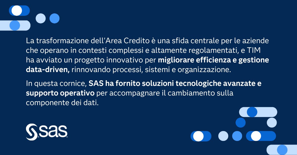 SAS Italy (@sasitaly) on Twitter photo Cosa significa avviare un progetto di trasformazione sull’Area Credito in un'azienda come TIM e in che modo SAS si inserisce all’interno di questa trasformazione? Ne parliamo su #LAI nell’intervista al Credit Risk Office di <a href="/TIM_Official/">TIM Official</a> 2.sas.com/6017v7iKl Cosa significa avviare un progetto di trasformazione sull’Area Credito in un'azienda come TIM e in che modo SAS si inserisce all’interno di questa trasformazione? Ne parliamo su #LAI nell’intervista al Credit Risk Office di <a href="/TIM_Official/">TIM Official</a> 2.sas.com/6017v7iKl