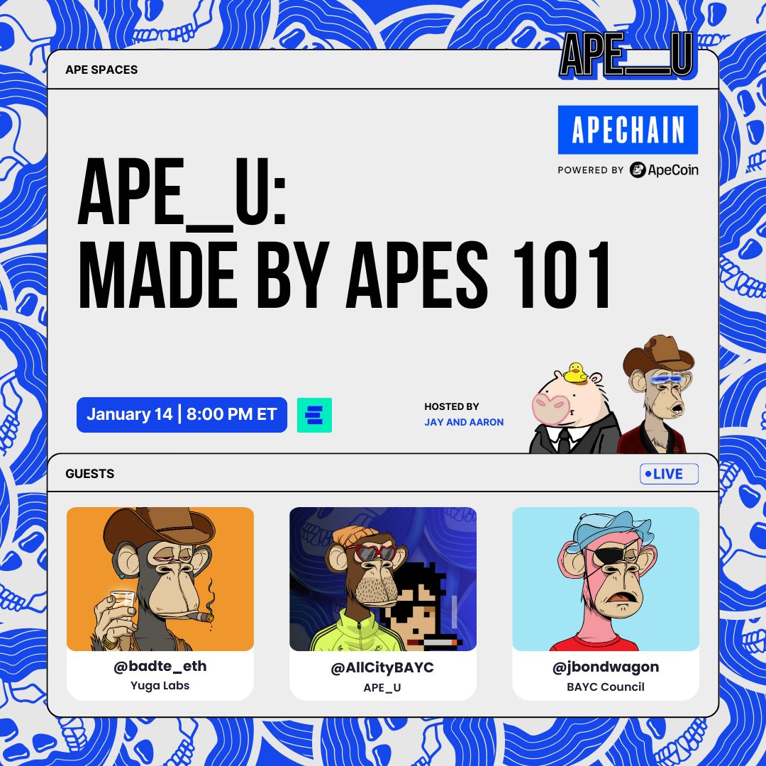 Join us on January 14th at 8:00 PM ET for a GWG x OC #APE_U Spaces exploring Made by Apes (MBA) 101 and how it’s empowering creators in Web3.

We’ll dive into MBAs, its impact on the @ApeCoin DAO, and the new possibilities unlocked by integrating MBAs on ApeChain.

Hosted by