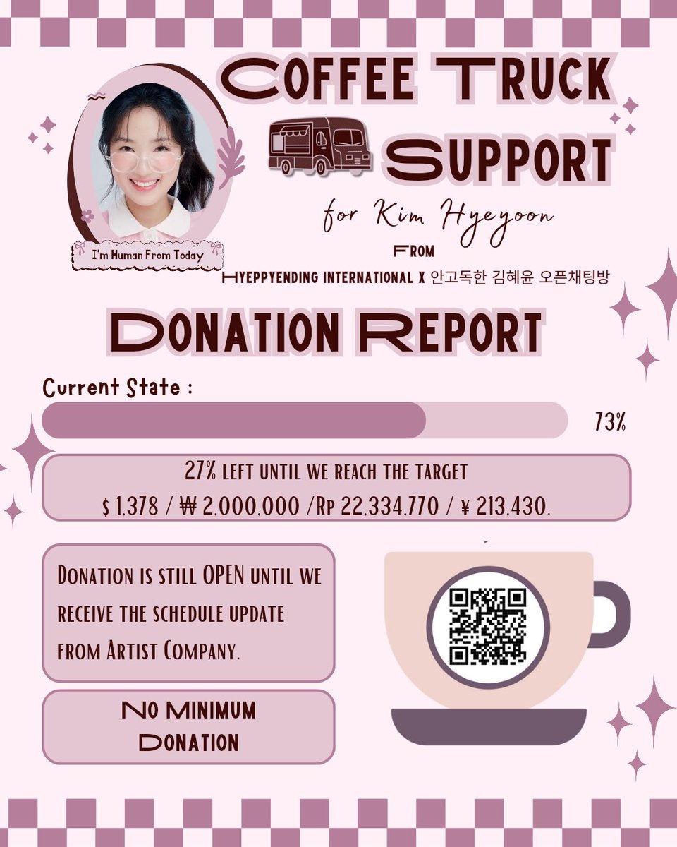 HyeyoonGlobal's tweet photo. [UPDATE] Donation Report as of Jan 8, 2025. CURRENT STATE : 73%

📍Donation is still open until further notice
📍Local bank transfer for 🇲🇨 &amp; 🇰🇷
📍Other countries : Paypal &amp; Wise

More info : 📎 https://t.co/iUZqtWemKm 

#김혜윤 #KimHyeyoon
#오늘부터인간입니다만 #HumanFromToday https://t.co/UdbEVQWtRS