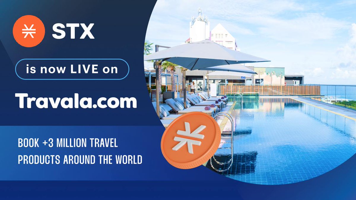 📢 NEW INTEGRATION

$STX is now live on Travala! 🎉

<a href="/Stacks/">stacks.btc</a> is the leading Bitcoin Layer-2 for smart contracts, apps, and DeFi 🌍

You can now book your DREAM TRIP and pay with STX, the native token of the Stacks ecosystem! 

Ready to pack your bags and explore the world? ✈️