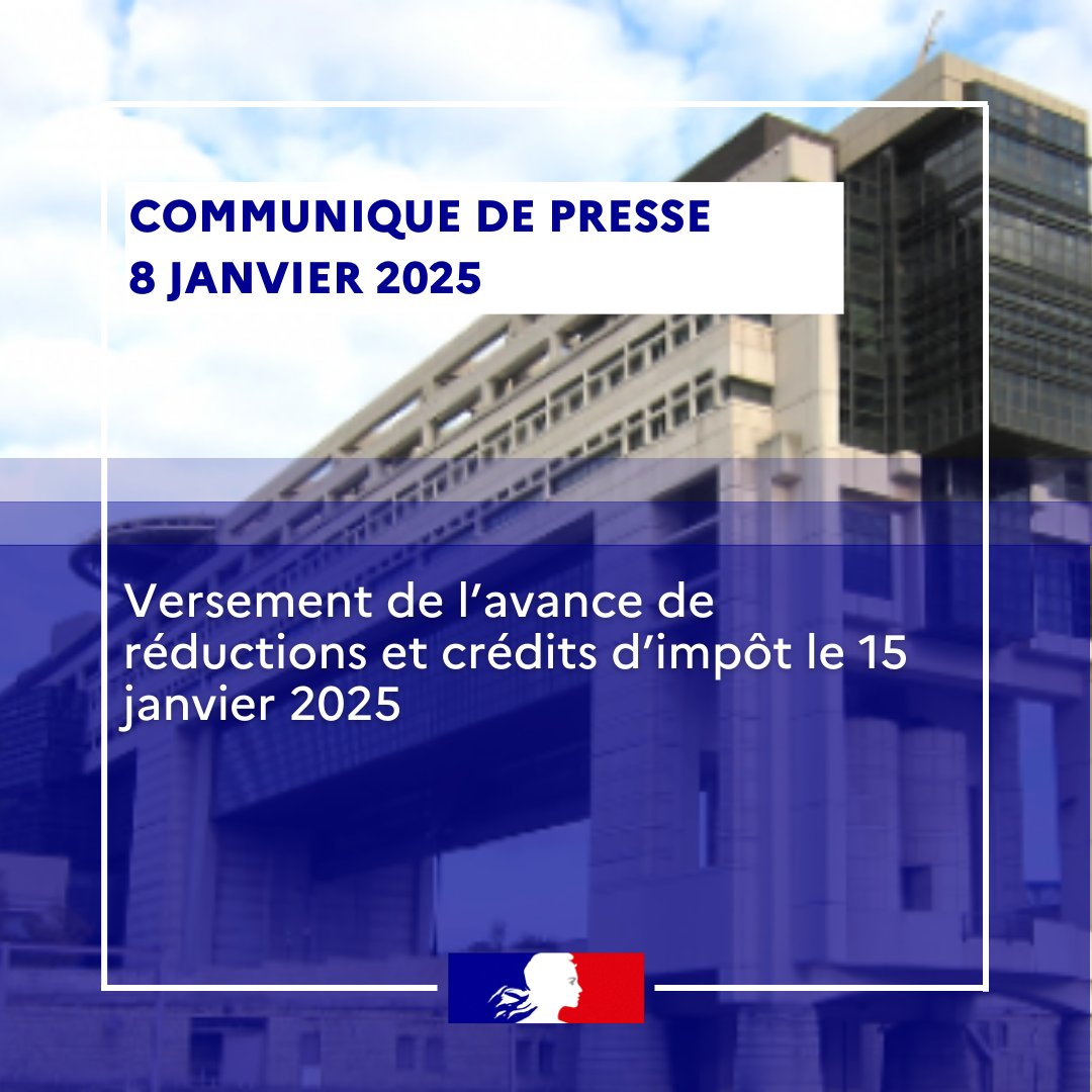Ministère de l'Économie et des Finances (@economie_gouv) on Twitter photo 🔴 <a href="/Eric_R_Lombard/">Eric Lombard</a> et <a href="/AdeMontchalin/">Amélie de Montchalin</a> annoncent que le versement de l’avance sur les réductions et crédits d’impôt aura lieu le 15 janvier 2025 pour 9 millions de foyers. Plus d’infos : presse.economie.gouv.fr/versement-de-l… 🔴 <a href="/Eric_R_Lombard/">Eric Lombard</a> et <a href="/AdeMontchalin/">Amélie de Montchalin</a> annoncent que le versement de l’avance sur les réductions et crédits d’impôt aura lieu le 15 janvier 2025 pour 9 millions de foyers. Plus d’infos : presse.economie.gouv.fr/versement-de-l…