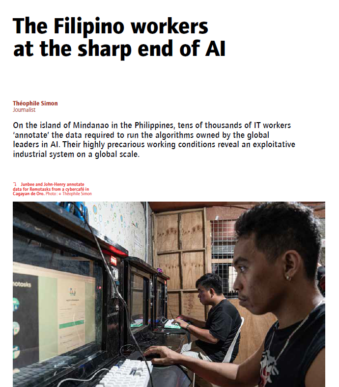 ETUI_org's tweet image. ‘I do the same task for around 12 hours a day, seven days a week, often at night.’
Report by @theophilesimon in the latest #HesaMag, the ETUI's health & safety magazine, on the 'data annotators' training algorithms in the Philippines
🔗 etui.org/Z6Z
🗓️ Come hear…