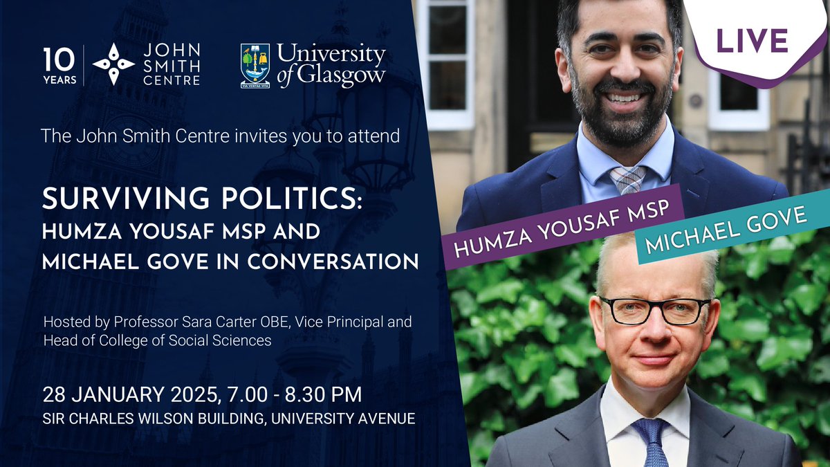 John Smith Centre (@johnsmithcentre) on Twitter photo 🚨Event Launch🚨
Ever wondered what it's like to be in the room during pivotal decisions? Join <a href="/HumzaYousaf/">Humza Yousaf</a> MSP & <a href="/michaelgove/">Michael Gove</a>, two leading political figures, as they discuss Brexit, independence, UK-Scottish relations, & Covid.
📅28 Jan - register now: eventbrite.co.uk/e/114237696324… 🚨Event Launch🚨
Ever wondered what it's like to be in the room during pivotal decisions? Join <a href="/HumzaYousaf/">Humza Yousaf</a> MSP & <a href="/michaelgove/">Michael Gove</a>, two leading political figures, as they discuss Brexit, independence, UK-Scottish relations, & Covid.
📅28 Jan - register now: eventbrite.co.uk/e/114237696324…