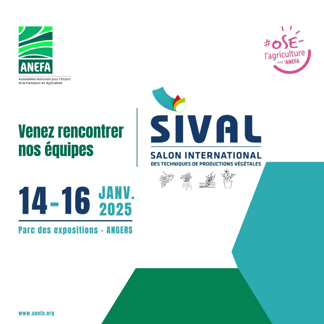 Le SIVAL, le rendez-vous de l'innovation en agriculture.  Découvrez les tendances qui façonnent l'avenir des métiers de notre filière.  

 📅 Date : 14 au 16 janvier 2024 
📍Lieu : Parc des expositions Angers  

#sival2025 #AgricultureInnovante #metiersagricoles #oselagriculture
