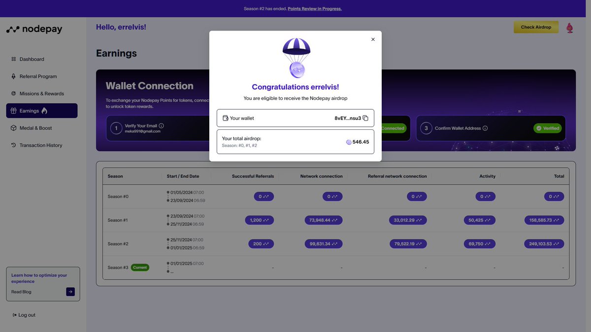 Nodepay第2 季空投数量可以查询了： @nodepay_ai 手机app 目前应该被强制更新需重新登录，我没有在电脑身边所以没查到多少个$NC  ，晚上回家同步一下，目前第三季还在进行，貌似泡沫会比前两季多一点。 查询：https://t.co/fGfHLe9nNH