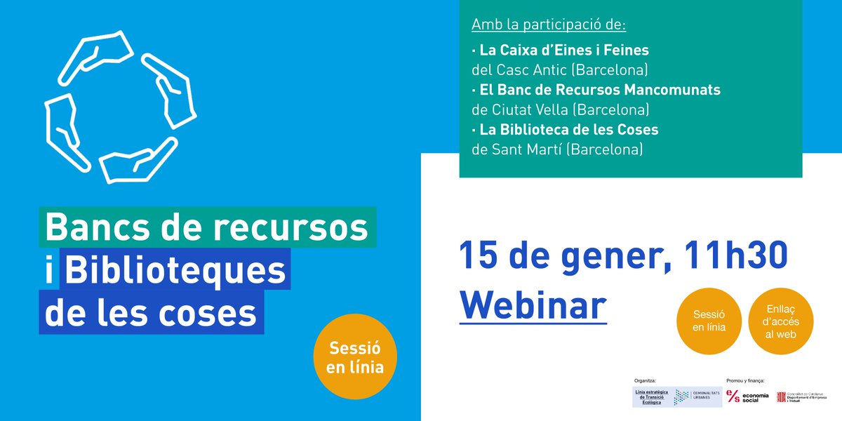 Comunalitats Urbanes (@comunalitats) on Twitter photo Nou webinar obert! Coneix 3 pràctiques al voltant de les biblioteques de les coses i dels bancs de recursos.
"Amb aquest servei de préstec, els objectes arriben al final de la seva vida útil, evitant els residus innecessaris, reduïm el consum i les despeses!… Nou webinar obert! Coneix 3 pràctiques al voltant de les biblioteques de les coses i dels bancs de recursos.
"Amb aquest servei de préstec, els objectes arriben al final de la seva vida útil, evitant els residus innecessaris, reduïm el consum i les despeses!…