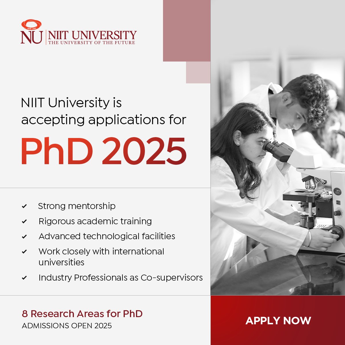#Researchers, #thinkers and #innovators! NIIT University is now inviting #applications for #PhD 2025.

#Admissions2025 #PhD