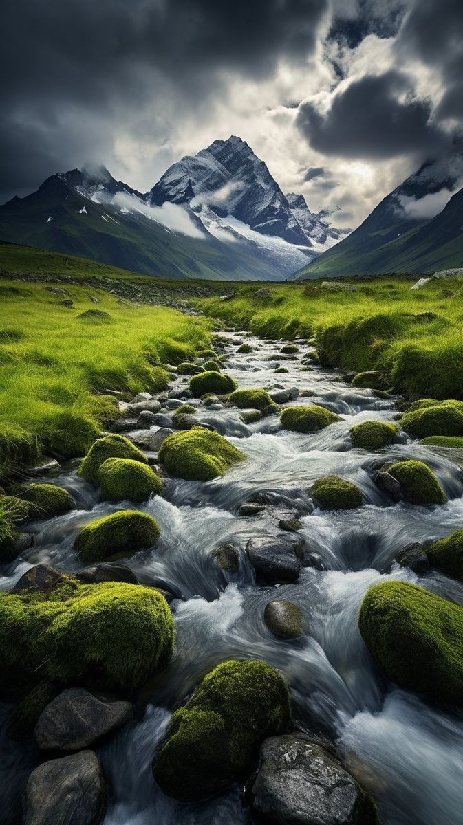 Untamedpath's tweet photo. "Nature's Majesty Unveiled: A pristine stream cascades through a lush valley, the towering peaks standing sentinel in the distance. #mountainstream #alpinemeadow #naturesbeauty #serenity #wanderlust" https://t.co/x1rZhN4TMe