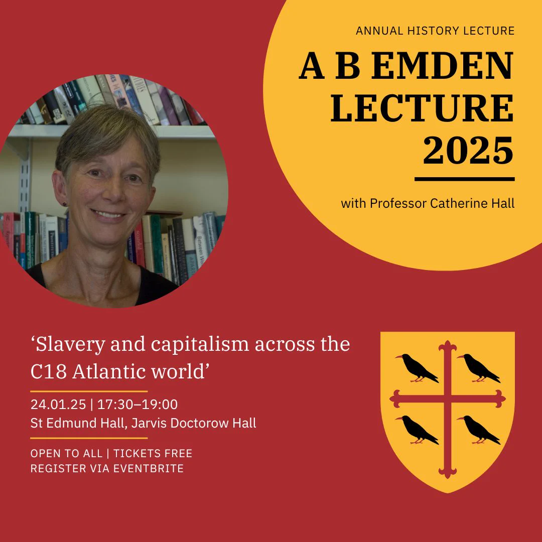A red and yellow flyer for the A B Emden Lecture 2025, taking place on 24 January, with a photo of Professor Catherine Hall