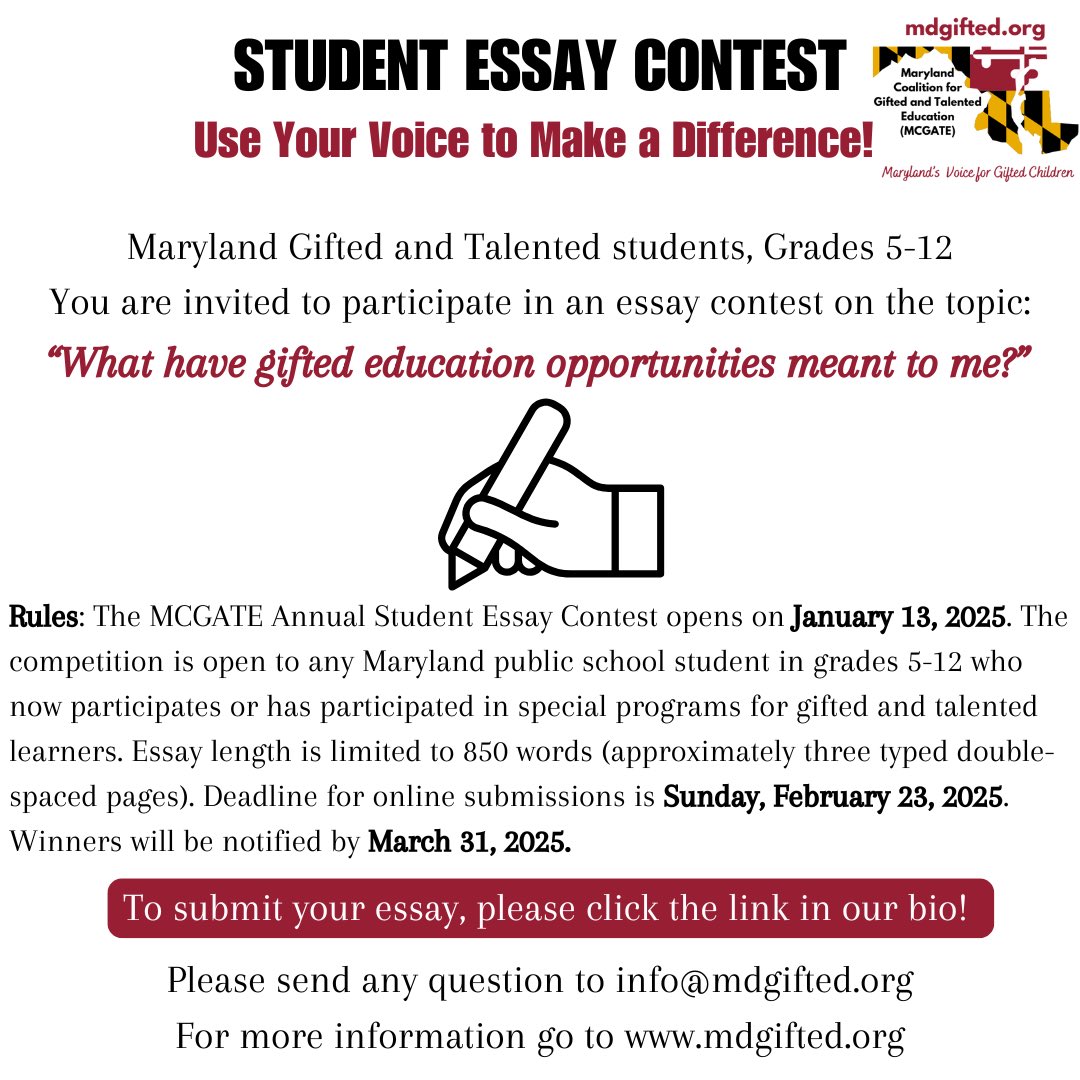 MCGATE is excited to announce the opening of our 2025 Student Essay Contest, “What Have Gifted and Talented Education Opportunities Meant to Me?”

To submit your essay, please click the link in our bio!
