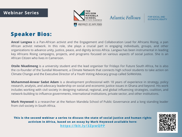#Webinar on Rethinking activism to overcome inequality in Africa 

Join the School and the Atlantic Fellows for Social and Economic Equity (<a href="/AFSEE_LSE/">Atlantic Fellows for Social and Economic Equity</a>) for an interactive discussion.

When: Thursday, 16 January 2025
Time: 11:30 - 13:00 (GMT)
RSVP: bit.ly/40aDeJT