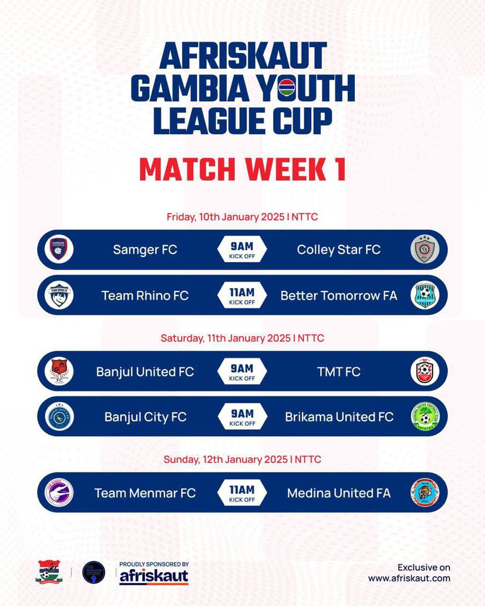 The Gambia Youth League Cup will kick off on Friday, 10th January 2025, with five matches to be played at the home of Gambian football, the National Technical Training Center (NTTC) in Old Yundum