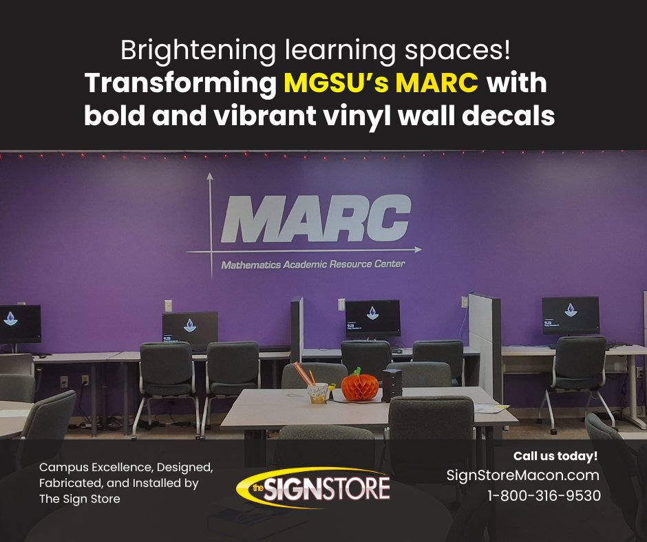 signstoremacon's tweet image. We’ve completed a striking vinyl decal installation for MGSU’s Mathematics Academic Resource Center at the Cochran Campus. The decal in MGSU purple features a bold design and matte finish that inspires success. Contact us at 1-800-316-9530! #CustomDecals #MGSU #SignStoreMacon