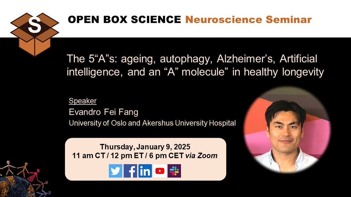 OpenBoxSci's tweet image. It&apos;s TODAY!!!
OBS #Neuroscience Seminar 
📆 Thu, 1/9, 12 pm ET/6 pm CET 
🎙️ Fei Fang @NoAge100 @TheFangGroupUiO
📣 The 5“A”s: ageing, autophagy, Alzheimer’s, Artificial intelligence, and an “A” molecule” in healthy longevity 
👉 buff.ly/41yw4Bo

#openscience