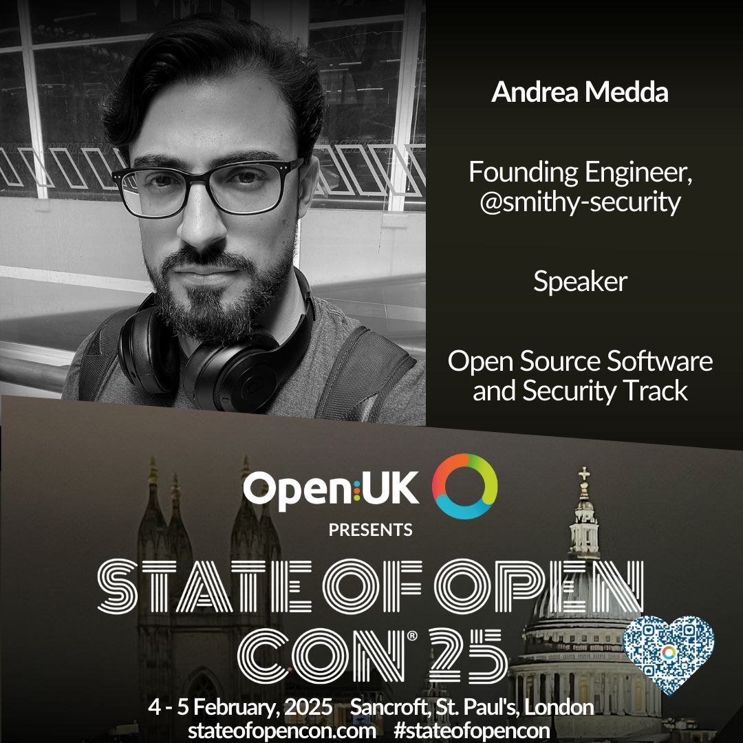 State of Open Con 25 speaker <a href="/andream1668/">Andrea Medda</a> of <a href="/smithy_security/">Smithy</a> will be in our SOOCon25 Open Source Software and Security track!🎤 Join to hear about Unifying Security Tools with OCSF and 60 lines of code. 💡🌐 📆 Check out the full schedule on 4 and 5 February in London. Get your