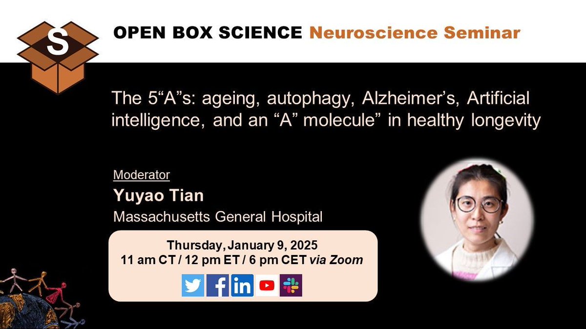 OpenBoxSci's tweet image. It&apos;s TODAY!!!
OBS #Neuroscience Seminar 
📆 Thu, 1/9, 12 pm ET/6 pm CET 
🎙️ Fei Fang @NoAge100 @TheFangGroupUiO
📣 The 5“A”s: ageing, autophagy, Alzheimer’s, Artificial intelligence, and an “A” molecule” in healthy longevity 
👉 buff.ly/41yw4Bo

#openscience