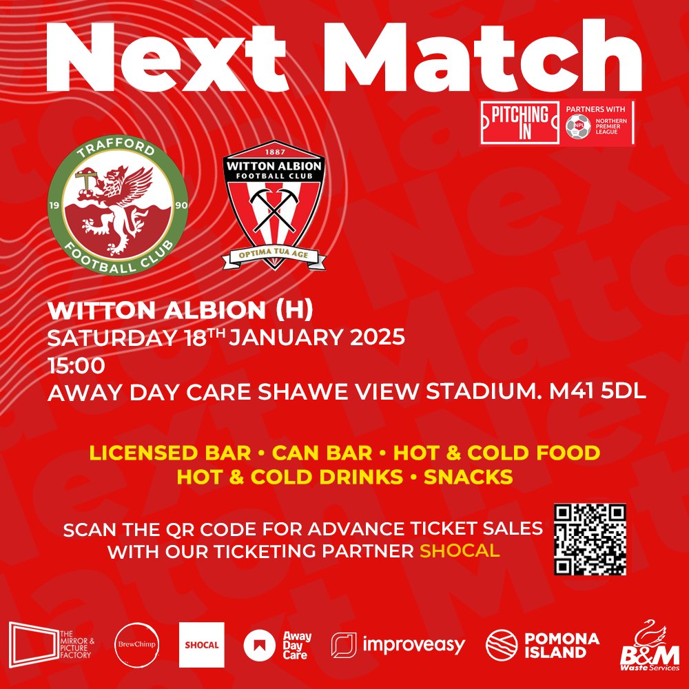 Trafford FC (@fctrafford) on Twitter photo Next home game, we welcome Witton to Shawe View
🆚 <a href="/WittonAlbion/">Witton Albion Football Club</a>
🗓️ Sat 18th Jan
⏱️ 3PM KO
🏆 <a href="/NorthernPremLge/">The Pitching In Northern Premier League</a>
📍 Shawe View Stadium
🥫🍺 Can Bar & <a href="/PomonaIsland/">Pomona Island</a>
🍻 Clubhouse Bar
☕️🍔Hot & Cold drinks & food
🎟️Pay on the gate or online
<a href="/Shocal1/">Shocal</a> traffordfcshop.com/trafford-fc-ti… Next home game, we welcome Witton to Shawe View
🆚 <a href="/WittonAlbion/">Witton Albion Football Club</a>
🗓️ Sat 18th Jan
⏱️ 3PM KO
🏆 <a href="/NorthernPremLge/">The Pitching In Northern Premier League</a>
📍 Shawe View Stadium
🥫🍺 Can Bar & <a href="/PomonaIsland/">Pomona Island</a>
🍻 Clubhouse Bar
☕️🍔Hot & Cold drinks & food
🎟️Pay on the gate or online
<a href="/Shocal1/">Shocal</a> traffordfcshop.com/trafford-fc-ti…