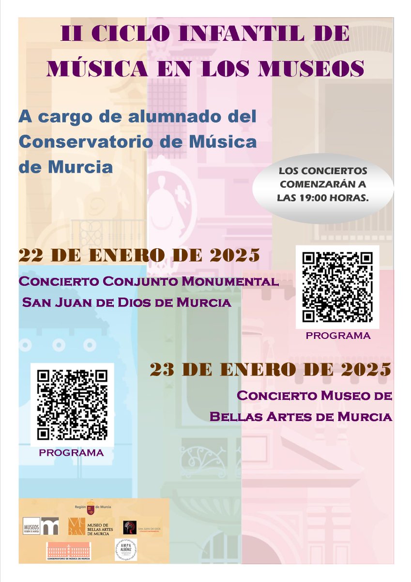 II CICLO INFANTIL DE MÚSICA EN LOS MUSEOS 
A cargo del alumnado del Conservatorio de Música de Murcia 
⏰22 de enero a las 19 h en el #CMSanJuanDios
⏰23 de enero a las 19 h en el #MUBAM 
Descarga el programa desde el cartel