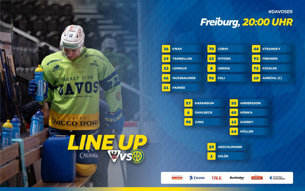 HCD_offiziell's tweet photo. 📋 Ünsches 𝗟𝗶𝗻𝗲 𝗨𝗽 heute gegen Fribourg! Es fehlen: #18Zadina, #20Fora, #42Nordström und #77Gross (verletzt); #51Hollenstein (krank).
#Davoser | #HCD | #HCFGHCD https://t.co/6ysyMvBhV9