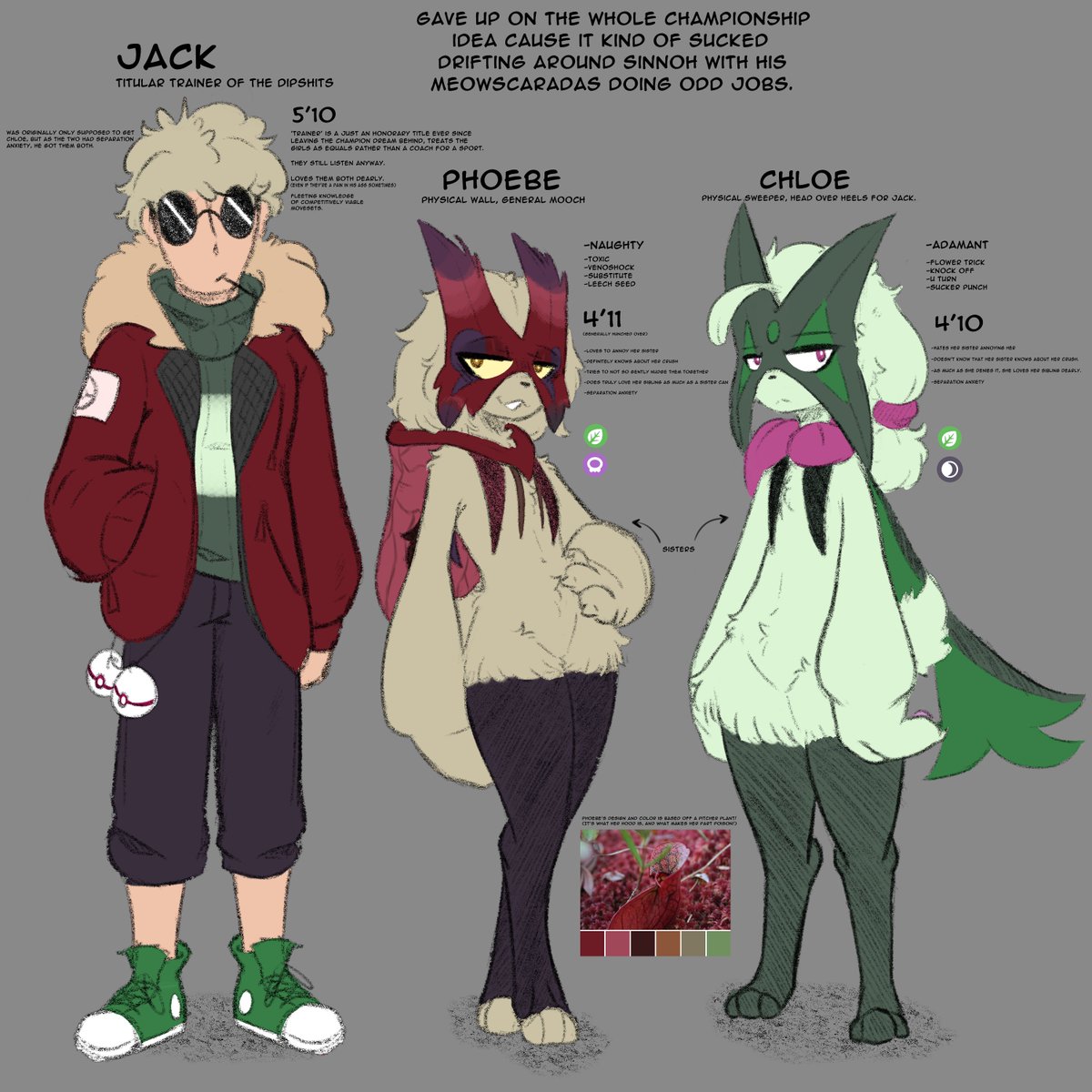 Stephs_art_junk's tweet image. Meowscarada sisters and their trainer, Jack.

They just live in Sinnoh.