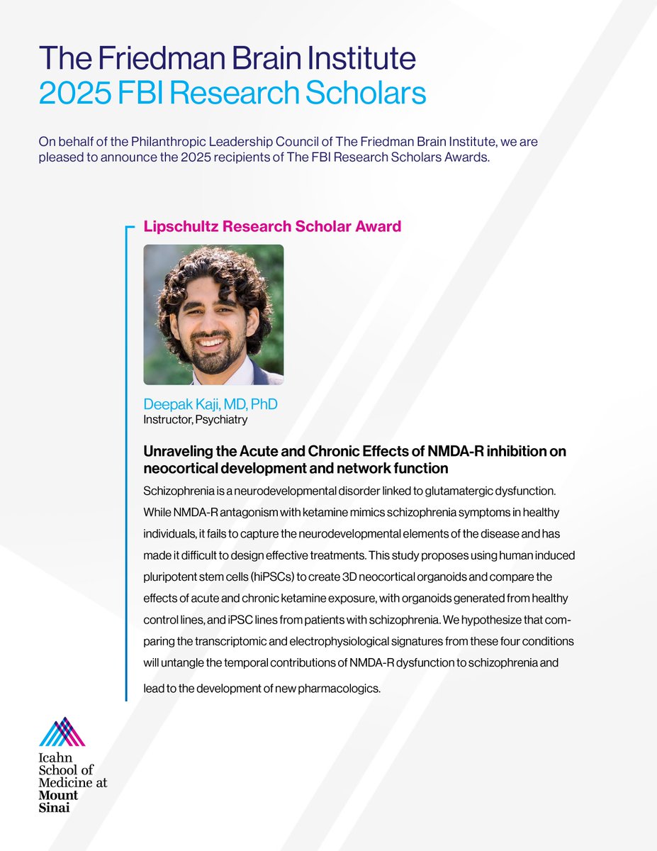 Congratulations to Dr. <a href="/deepak_kaji/">Deepak Kaji</a> for receiving the 2025 Lipschultz Research Scholar Award for "Unraveling the Acute &amp; Chronic Effects of NMDA-R inhibition on neocortical development &amp; network function". Learn More about the #FBIScholars👉 icahn.mssm.edu/research/fried…