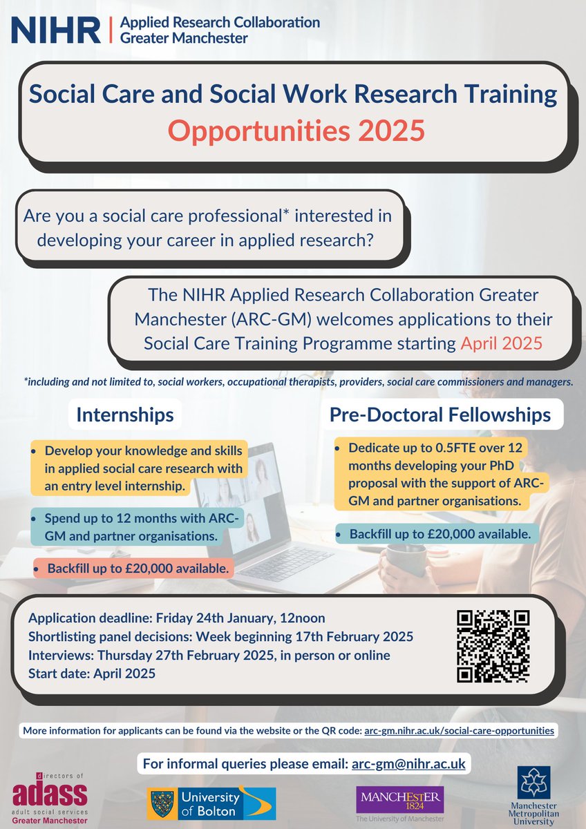 💼 Social Care &amp; Work Training Opportunities 💼

Research Internships &amp; Pre-doctoral Fellowships for Greater Manchester professionals. Backfill up to £20k for 12 months. 

⏰Apply by 24th Jan 2025.

Watch the Q&amp;A on the website for more details: 

🔗 bit.ly/4h9X8eO
