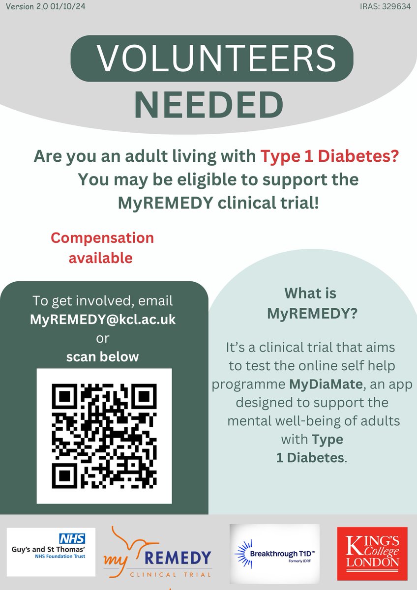KCLDiabetesPsych (@kcldpsych) on Twitter photo Please contact: myremedy@kcl.ac.uk
if you have #T1D and would like to take part in a new study testing the MyDiaMate app, specifcally designed to support people with #T1D and their wellbeing, funded by@BT1DUK Please contact: myremedy@kcl.ac.uk
if you have #T1D and would like to take part in a new study testing the MyDiaMate app, specifcally designed to support people with #T1D and their wellbeing, funded by@BT1DUK