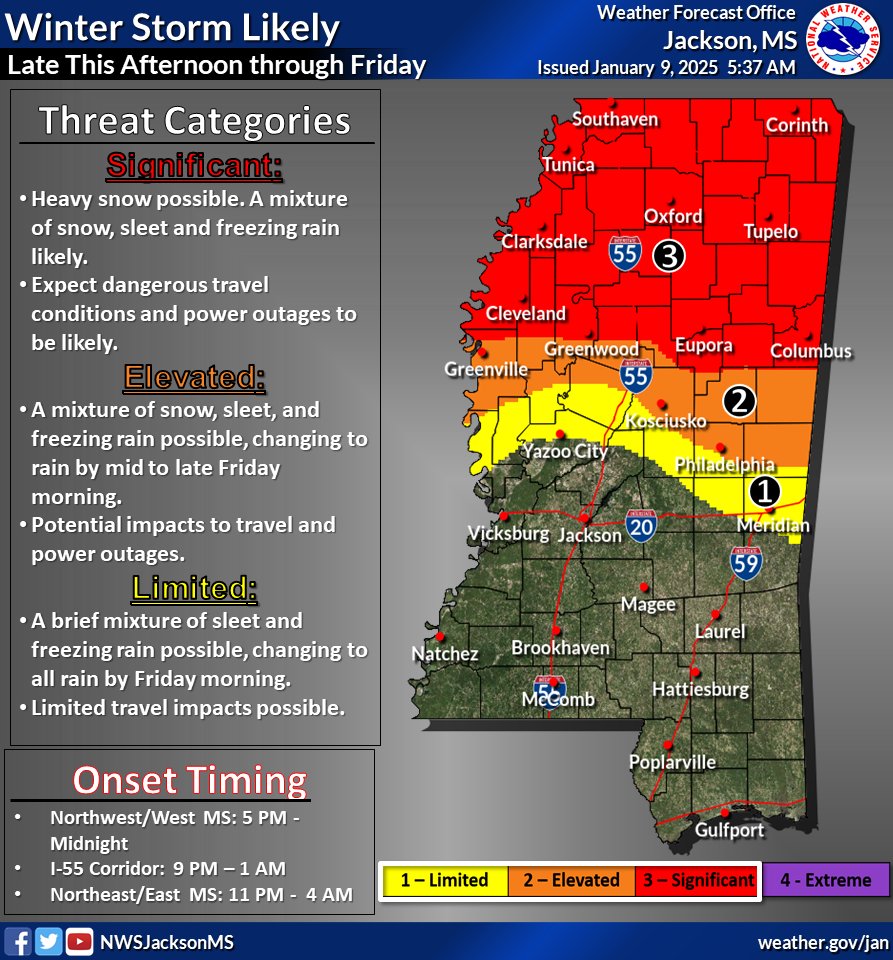 MSEMA's tweet photo. A winter storm is forecast to start impacting the state late Thursday (1/9/25) afternoon through Friday (1/10/25).

Snow, sleet, and freezing rain are all possible with the highest impacts in the northern part of the state. Expect dangerous travel conditions and power outages.

MEMA encourages all Mississippians to finalize their preparations today before the storm arrives. 

For winter weather preparedness tips go to: https://t.co/sInwJ4tXt9

If you or anyone you know needs a place to shelter from the cold temperatures, here is a link to a list of warming shelters reported to MEMA: https://t.co/W4XrSic9QC

Stay Safe Mississippi!