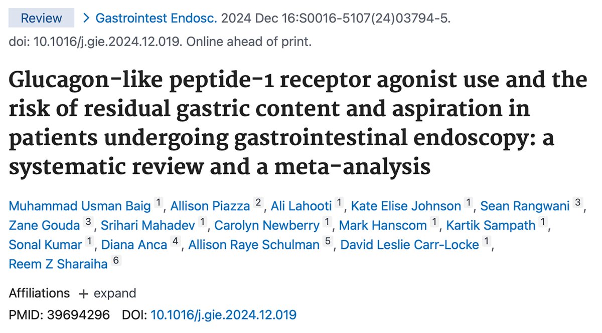 Mark Hanscom (@markhanscommd) on Twitter photo Thrilled to have been able to contribute to this SR/MA of GLP-1 RA use in endoscopy from <a href="/ReemSharaiha/">Reem Sharaiha, MD MS</a> and the <a href="/WCM_GI/">Weill Cornell Medicine GI & Hepatology</a> team!
🔑 GLP-1 RAs associated with ⬆️ risk of residual gastric contents and premature endoscopy termination, but not aspiration pneumonia. Thrilled to have been able to contribute to this SR/MA of GLP-1 RA use in endoscopy from <a href="/ReemSharaiha/">Reem Sharaiha, MD MS</a> and the <a href="/WCM_GI/">Weill Cornell Medicine GI & Hepatology</a> team!
🔑 GLP-1 RAs associated with ⬆️ risk of residual gastric contents and premature endoscopy termination, but not aspiration pneumonia.