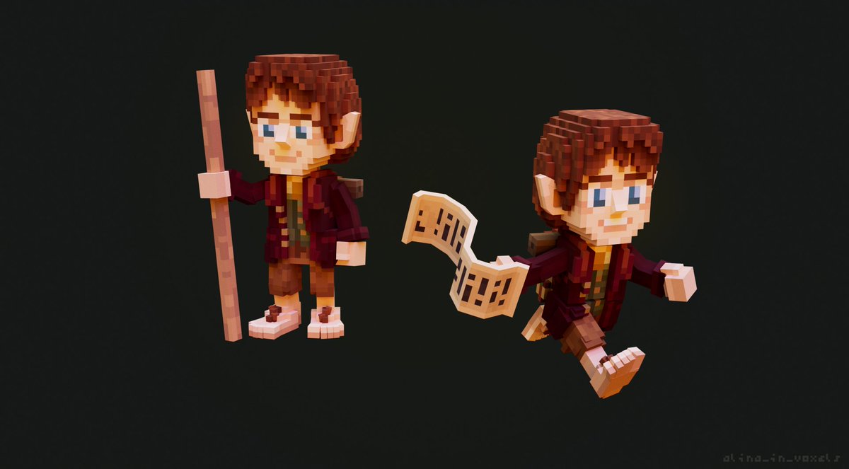“Sorry! I don’t want any adventures, thank you. Not Today. Good morning! But please come to tea – any time you like! Why not tomorrow? Good bye!” 

#digitalart #voxelart #voxels #thehobbit #bilbobaggins #fanart #character #fantasy #voxedit