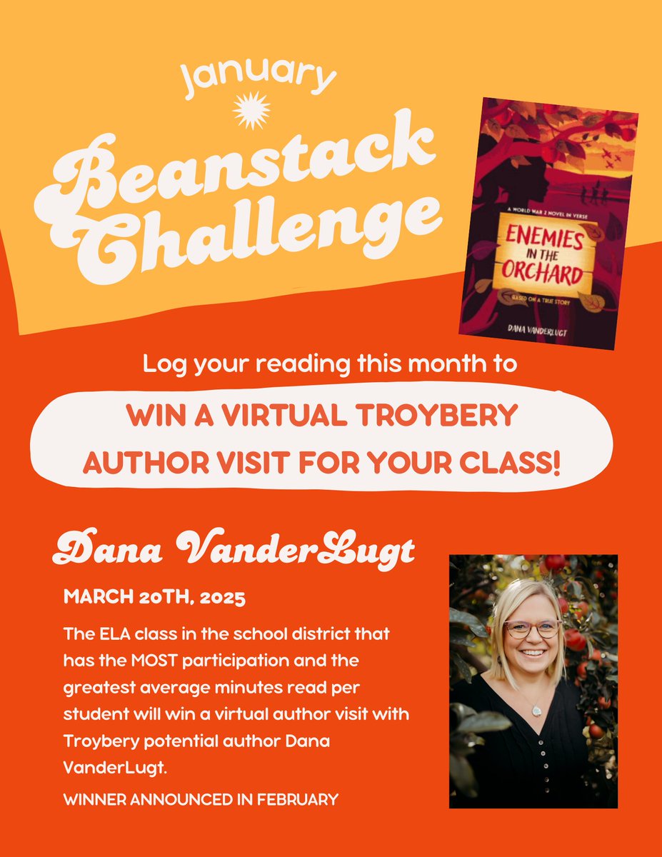 Christina Chatel (@medialoguer) on Twitter photo TSD MS Media Centers are excited to host #Troybery2025 Michigan author Dana VanderLugt for a virtual visit! One ELA class will win this for having the most participation and minutes read in #Beanstack during January.
<a href="/danavanderlugt/">Dana VanderLugt</a> <a href="/zoobeanreads/">Beanstack</a> <a href="/troyschools/">TroySchools</a> #MISchoolLibrary TSD MS Media Centers are excited to host #Troybery2025 Michigan author Dana VanderLugt for a virtual visit! One ELA class will win this for having the most participation and minutes read in #Beanstack during January.
<a href="/danavanderlugt/">Dana VanderLugt</a> <a href="/zoobeanreads/">Beanstack</a> <a href="/troyschools/">TroySchools</a> #MISchoolLibrary
