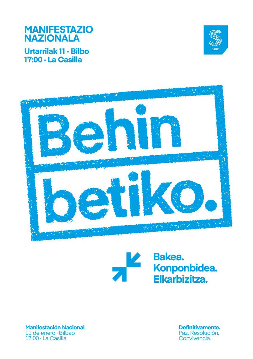 ELASindikatua's tweet image. 📢 ELAk larunbatean @sare_herritarra|k deitutako manifestazioarekin bat egin eta parte hartzeko deia luzatu du.

📍 Deialdia urtarrilaren 11n izango da, 17:00etan La Casillatik abiatuta, ‘Behin betiko. Bakea. Konponbidea. Elkarbizitza’ lelopean.

🔗 labur.eus/WEa4J
