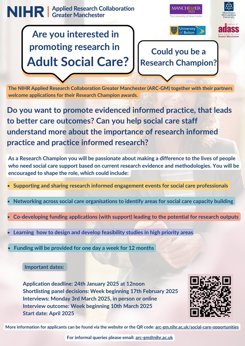 🌟 #SocialCare Research Champions

Help build a research culture in Greater Manchester. Develop skills, support events, co-develop funding applications &amp; more. 

⏰Apply by 24th Jan 2025

Watch the Q&amp;A on the website for more info: 

🔗 bit.ly/4h9X8eO

#SocialCare