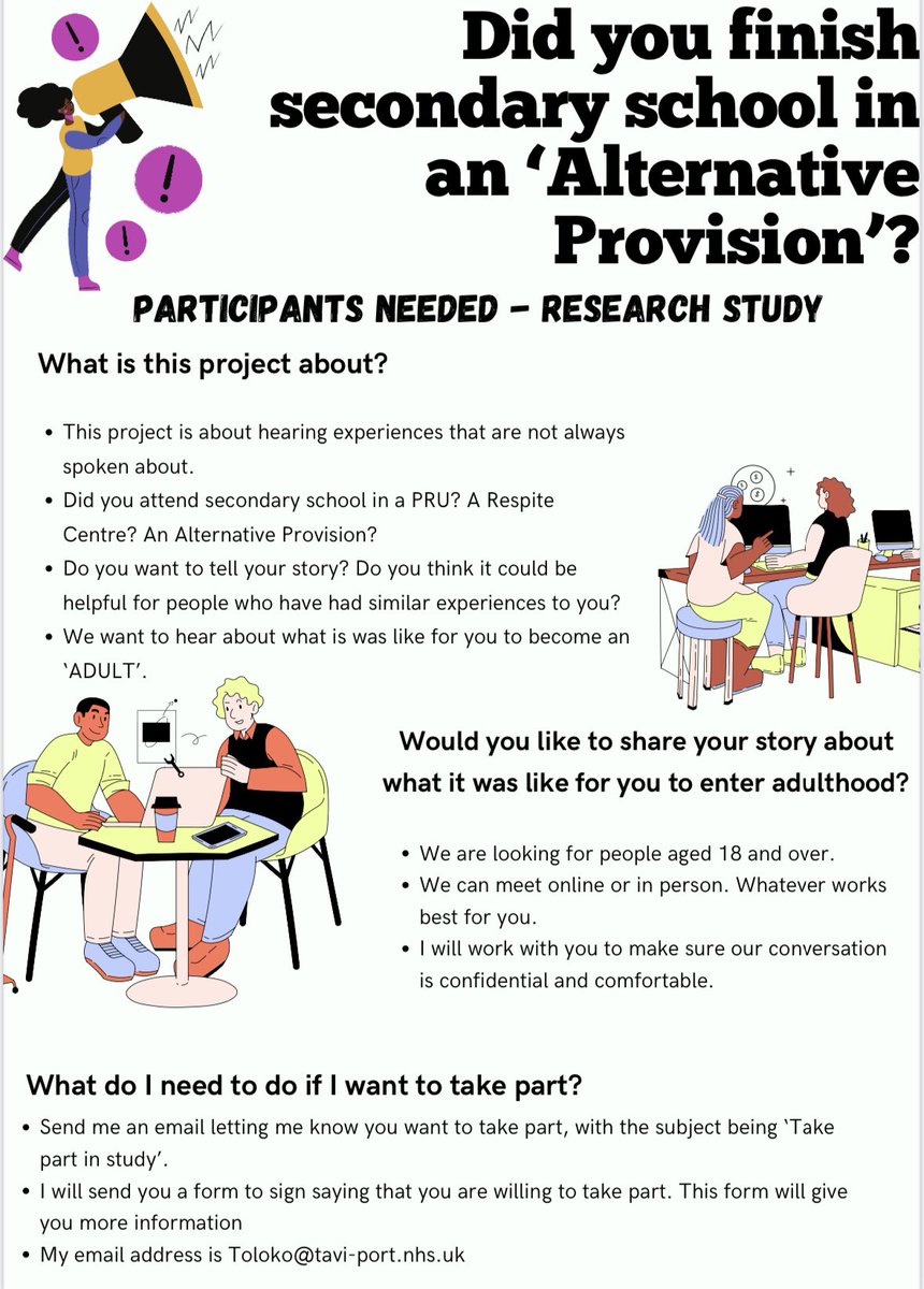 Please share far and wide. Looking for participants who attended secondary school in a PRU/alternative provision ‼️ email toloko@tavi-port.nhs.uk