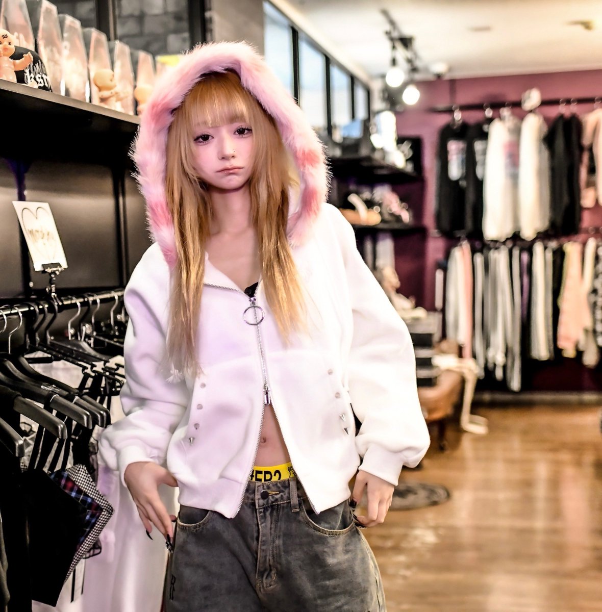 kry ファーフードパーカー POGOSITA (ピンク×ホワイト) ポイントエコファー中綿フードジャケット – BUNNY APARTMENT