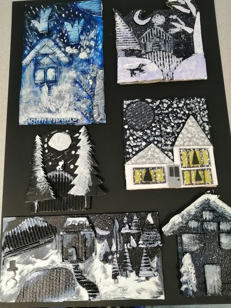 SGSArtDesign's tweet photo. More excellent winter scenes #SGSYear9 on this cold day! Recycling card to produce Art. Painted with acrylic paint. Lovely texture #SGSArtdep #SGSCreativity https://t.co/Ds4We1NeHN
