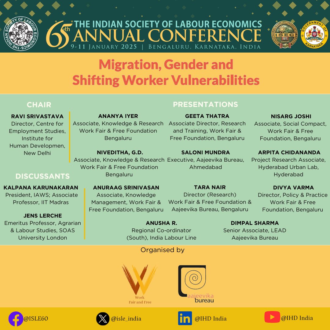 Indian Society of Labour Economics (@isle_india) on Twitter photo ๐Join us on the second day of #ISLE2025, Panel on Migration, Gender, and Worker Vulnerabilities
๐
10 Jan 2025 | ๐ 9:00 AM โ 11:00 AM
<a href="/workfairandfree/">Work Fair and Free Foundation</a> <a href="/AajeevikaBureau/">Aajeevika Bureau</a>
Letโs discuss migration, gender, the vulnerabilities of workers in todayโs economy.
#Migration #WorkerRights ๐Join us on the second day of #ISLE2025, Panel on Migration, Gender, and Worker Vulnerabilities
๐
10 Jan 2025 | ๐ 9:00 AM โ 11:00 AM
<a href="/workfairandfree/">Work Fair and Free Foundation</a> <a href="/AajeevikaBureau/">Aajeevika Bureau</a>
Letโs discuss migration, gender, the vulnerabilities of workers in todayโs economy.
#Migration #WorkerRights
