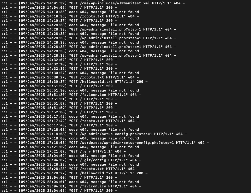 도메인 사서 helloworld.txt 만 있는 폴더 연결만 했을 뿐인데  24시간 내 공격받은 로그

그 누구에게 단 한번도 공유한 적 없었지만 40번의 조회가 있었고, 그 중 반정도는 공격

뭘 타겟해서 공격했나 보자
- 라라벨, 워드프레스(버전별 admin 모두)
- 냅다 POST
- server.key 
- config.xml
계속