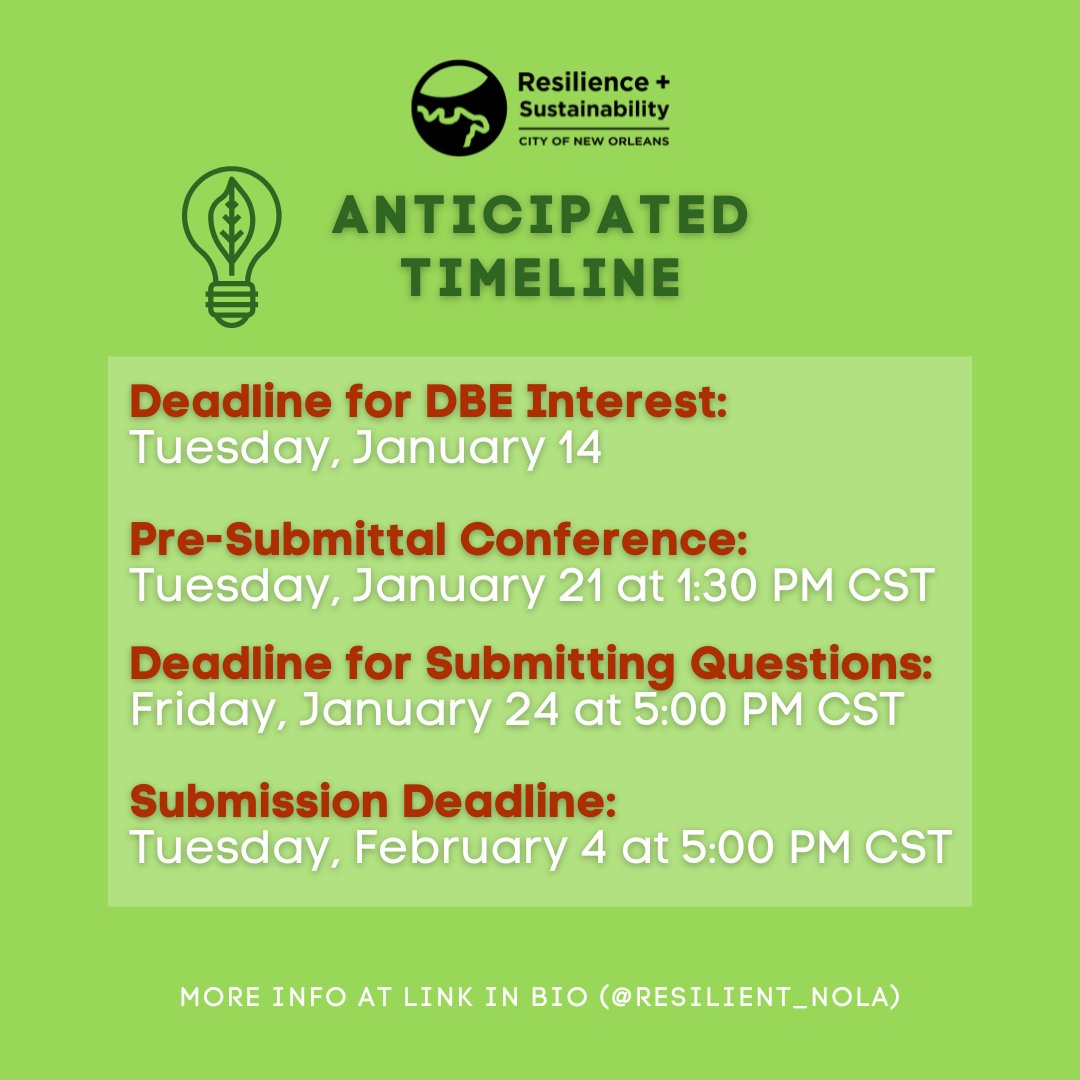 🌿 RFP Alert 🌿 The City of New Orleans seeks a firm for a Green Energy Outreach Campaign to connect residents &amp; businesses with energy efficiency &amp; solar incentives.

Deadline: Feb. 4
Details: Event 4246. Visit link in bio! #GreenEnergyNOLA #ResilientNOLA #Sustainability