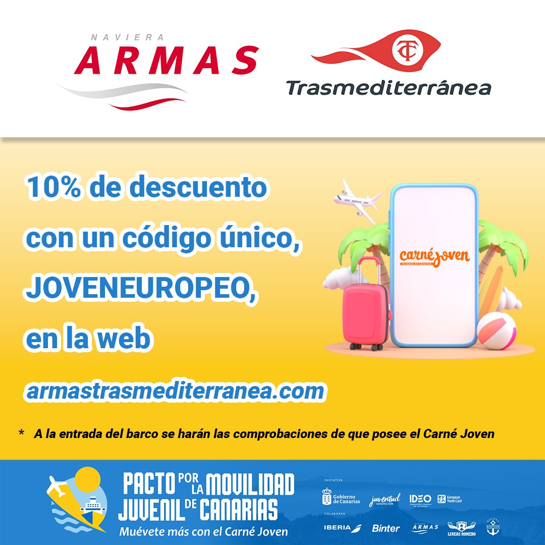 ¡Embárcate con Naviera Armas y el Carné Joven de Canarias! 🌊🚢

Los mejores descuentos para tus travesías entre islas están aquí. Descubre la belleza de nuestro mar.

#NavieraArmas #CarnéJoven #PactoMovilidadJuvenil