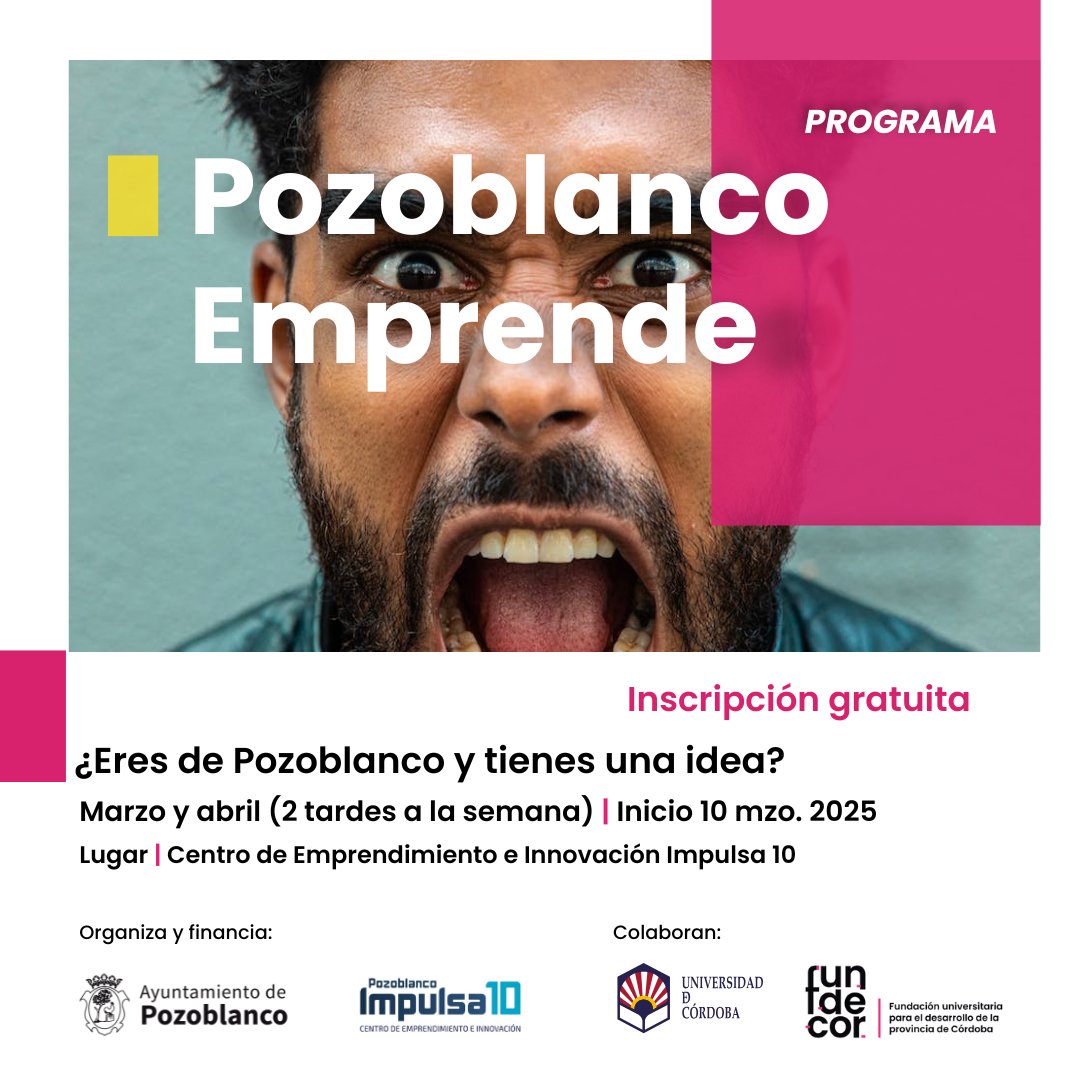 Fundecor Córdoba (@fundecoruco) on Twitter photo 🚀 Llega "Pozoblanco Emprende"
Si tienes un negocio o una idea en mente y eres de #Pozoblanco, esta formación es para ti 💡
📅 Del 10 de marzo al 23 de abril de 2025
📍 Centro Impulsa 10 (Pozoblanco)
🎓 Certifica: Universidad de Córdoba
🫰 Financia: <a href="/AytoPozoblanco/">Ayto. Pozoblanco</a>
Aprende 🚀 Llega "Pozoblanco Emprende"
Si tienes un negocio o una idea en mente y eres de #Pozoblanco, esta formación es para ti 💡
📅 Del 10 de marzo al 23 de abril de 2025
📍 Centro Impulsa 10 (Pozoblanco)
🎓 Certifica: Universidad de Córdoba
🫰 Financia: <a href="/AytoPozoblanco/">Ayto. Pozoblanco</a>
Aprende