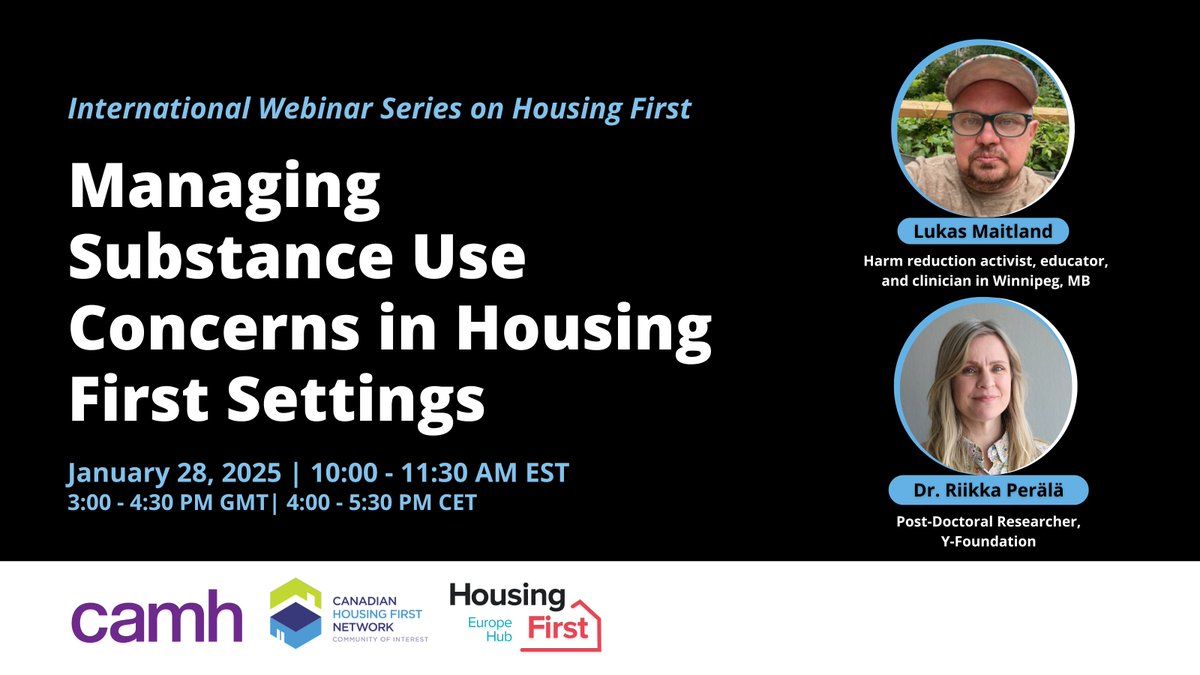 📢 Join experts from Canada and Finland in the 8th International Housing First Webinar! Learn strategies to support Housing First participants with substance use concerns. 🏠✨
📅 Jan 28, 2025 | ⏰ 10 AM ET (3 PM GMT)
🔗 Register: ow.ly/lL7e50UCyi1

#HousingFirst