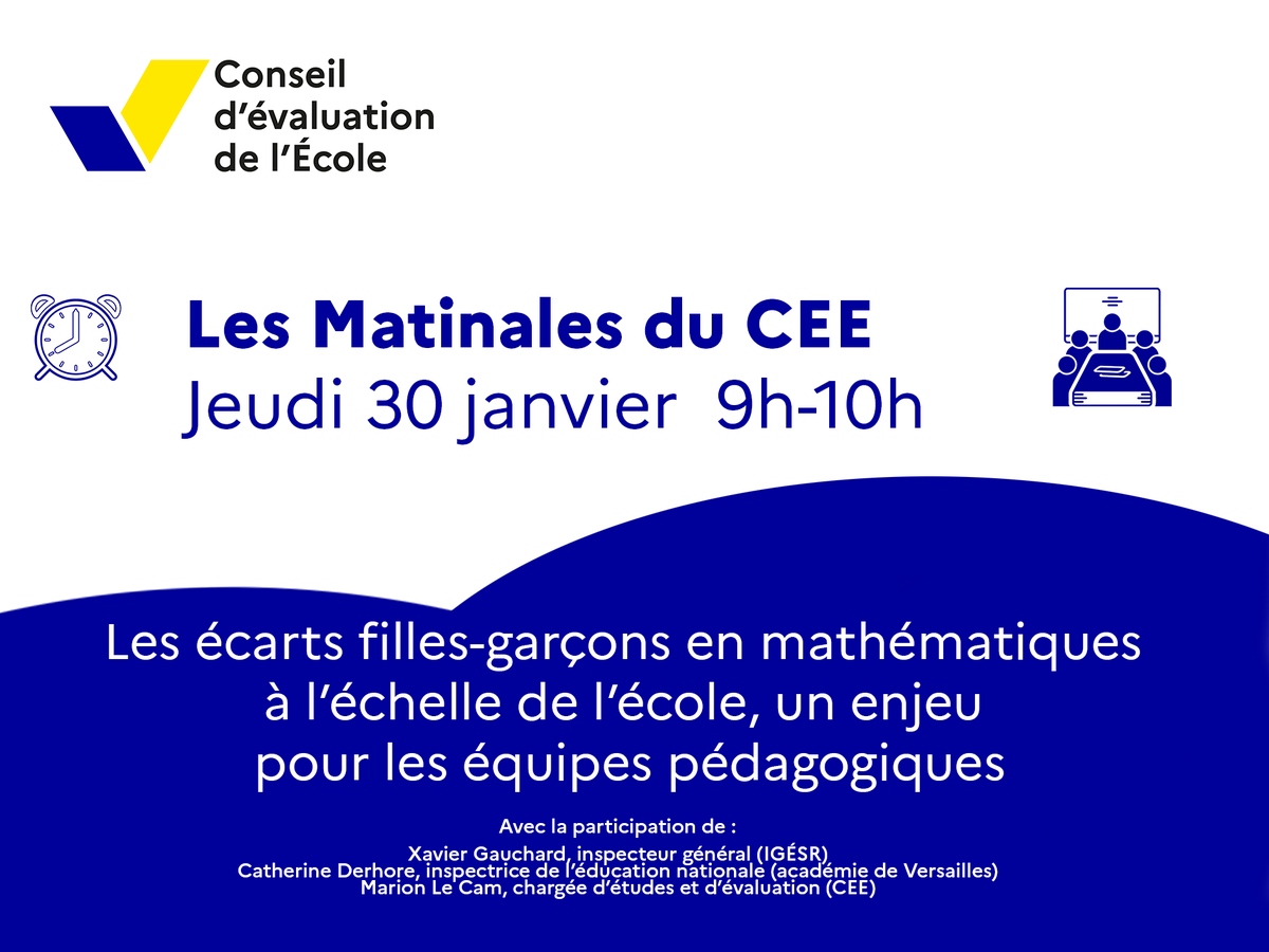 Conseil d’évaluation de l’École (@conseilee) on Twitter photo #MatinaleDuCEE
📅📣 Rendez-vous le 30 janvier à 9h pour la première Matinale de l'année 2025 du <a href="/ConseilEE/">Conseil d’évaluation de l’École</a> consacrée aux écarts entre filles et garçons en mathématiques !
👉 Le webinaire sera l’occasion d’interroger un enjeu fort pour les équipes pédagogiques : si les écarts se #MatinaleDuCEE
📅📣 Rendez-vous le 30 janvier à 9h pour la première Matinale de l'année 2025 du <a href="/ConseilEE/">Conseil d’évaluation de l’École</a> consacrée aux écarts entre filles et garçons en mathématiques !
👉 Le webinaire sera l’occasion d’interroger un enjeu fort pour les équipes pédagogiques : si les écarts se