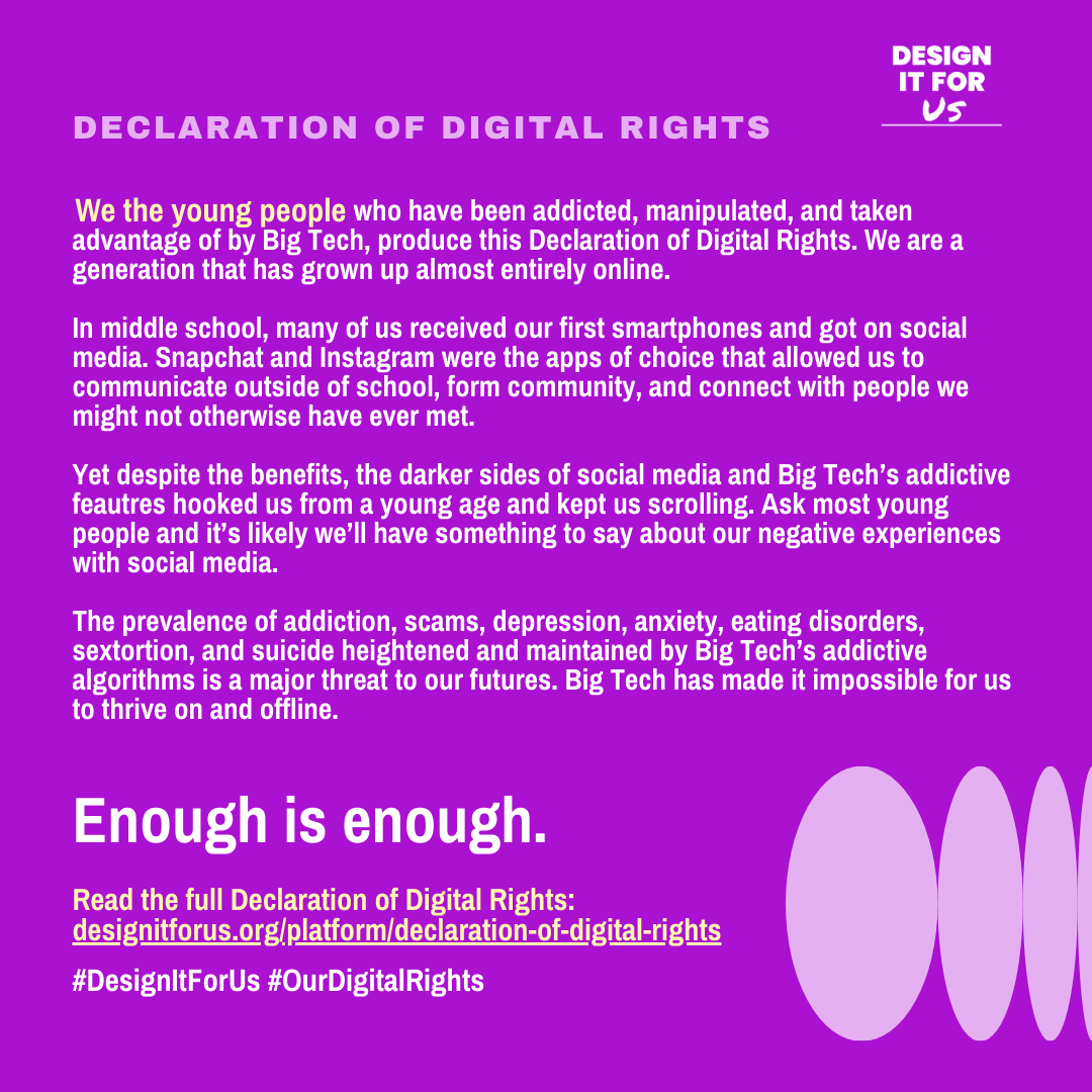 DesignItForUs's tweet image. Big Tech has made it impossible for us to thrive on and offline. Enough is enough. #OurDigitalRights #DesignItForUs

Read our Declaration of Digital Rights: designitforus.org/platform/decla…