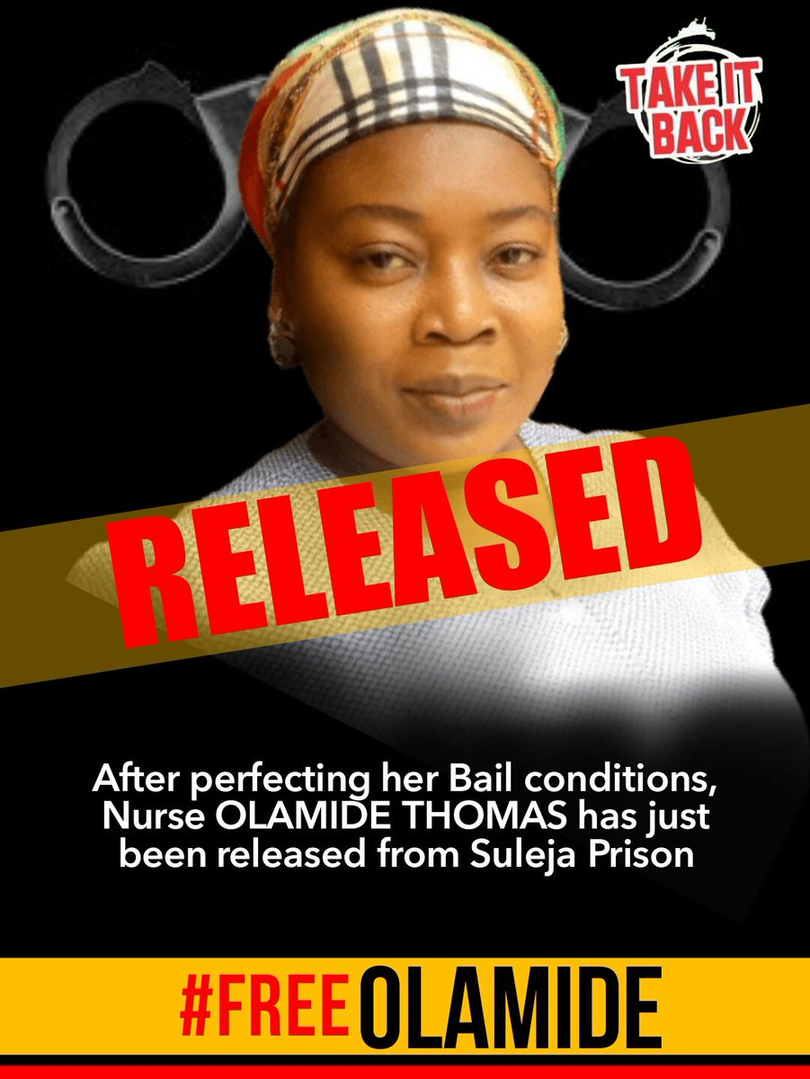 jharmo's tweet photo. Breaking on #FreeOlamide :
Nurse Olamide Thomas has just been released from Suleja Prison after perfecting her bail conditions. Thanks to everyone that made this happen! Tyranny is defeated once again.
#RevolutionNow https://t.co/aNSSfmUqt7
