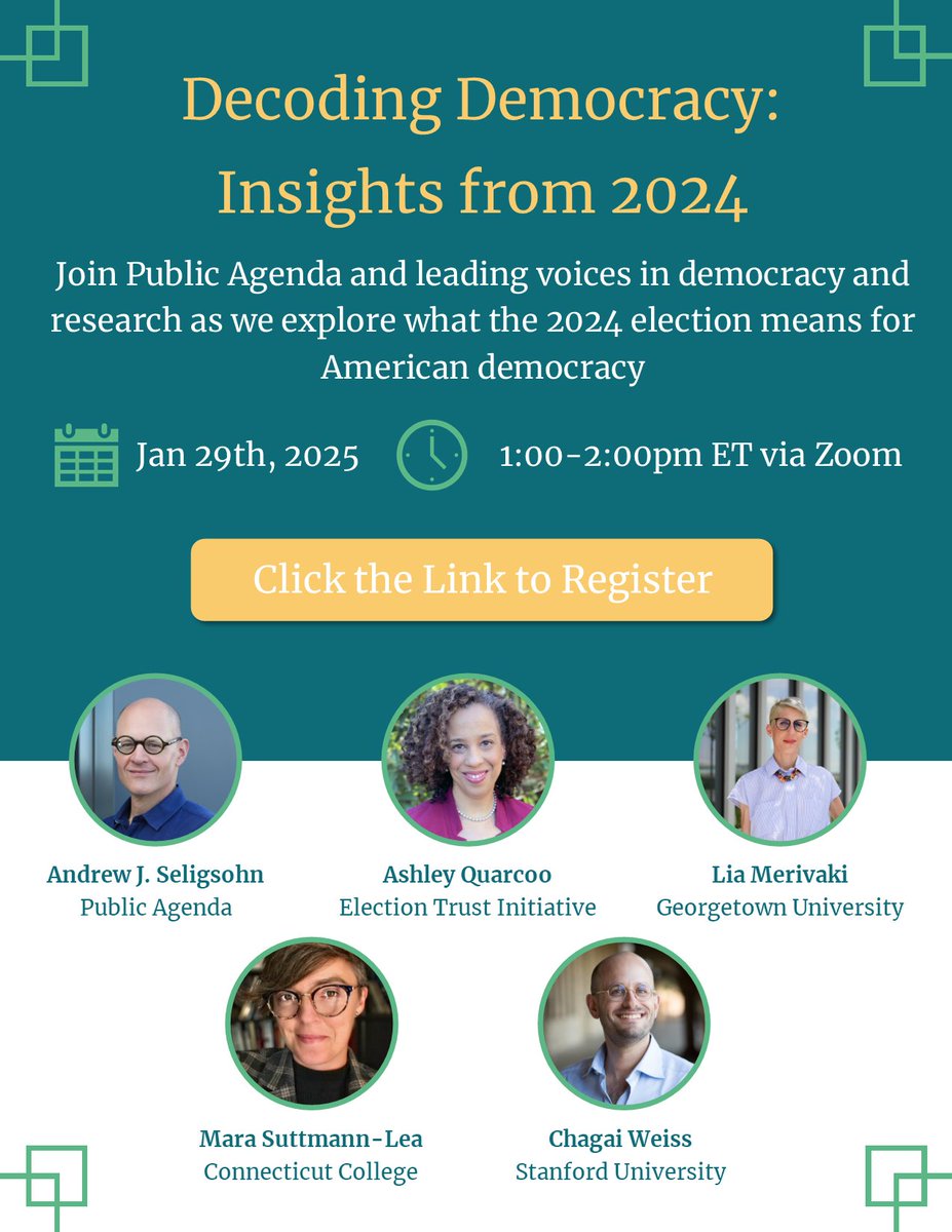 Join <a href="/PublicAgenda/">Public Agenda</a> and a panel of experts on Wednesday, January 29th at 1:00pm ET for a live virtual forum breaking down what the 2024 election means for our #democracy.

Register here: us06web.zoom.us/meeting/regist…