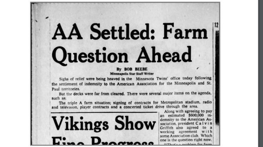 BaseballandLaw's tweet image. The birth of the @Twins!
1/9/61, the Twins agreed to make a $600K indemnity payment to the American Assoc. for entering the minor league's territory in Minnesota. The settlement paved the way for the team to move to Minneapolis/St. Paul from Wash., D.C.
#BaseballandtheLaw 317