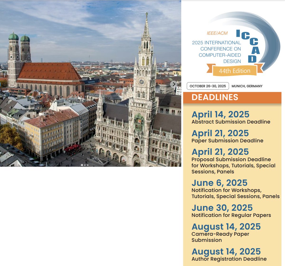 Robert Wille (@rbrtwll) on Twitter photo For the first real time, we're bringing the premier forum for #ComputerAidedDesign and #DesignAutomation to Europe! <a href="/ICCAD/">IEEE/ACM ICCAD</a> will be held in #Munich, Germany, at the end of October.
Save the dates and mark your calendars!😉
More info and initial CfP: iccad.com. For the first real time, we're bringing the premier forum for #ComputerAidedDesign and #DesignAutomation to Europe! <a href="/ICCAD/">IEEE/ACM ICCAD</a> will be held in #Munich, Germany, at the end of October.
Save the dates and mark your calendars!😉
More info and initial CfP: iccad.com.