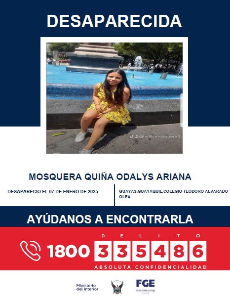 🚨AYÚDANOS A ENCONTRARLA🚨

A MOSQUERA QUIÑA ODALYS ARIANA, reportada como desaparecida el 07 de enero de 2025 en #GYE. 

📞 Si tienes información, comunícate al 1800 DELITO (335486).

#PolicíaEcuador